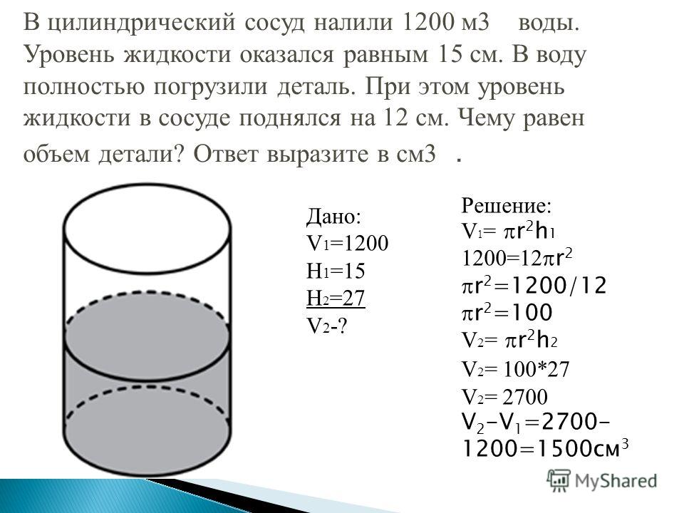 Бак имеющий форму параллелепипеда длиной 1.2 м. Объем цилиндрического сосуда. Цилиндрический сосуд с водой. Объем сосуда цилиндрической формы. Объем детали погруженной в воду цилиндр.